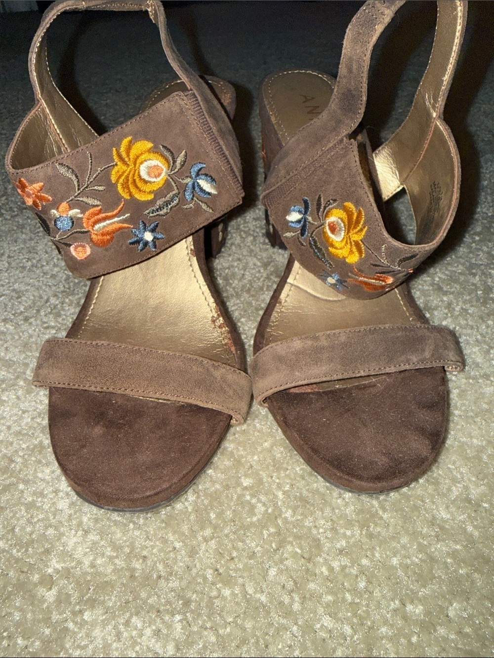 Brown Suede Floral Embroidered Women's Sandals - Picture 2 of 10